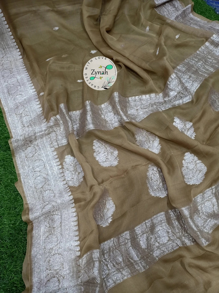 Zynah Pure Banarasi Handloom Khaddi Georgette Saree with Zari Border & Butis; Custom Stitched/Ready-made Blouse, Fall, Petticoat; Shipping available USA, Worldwide