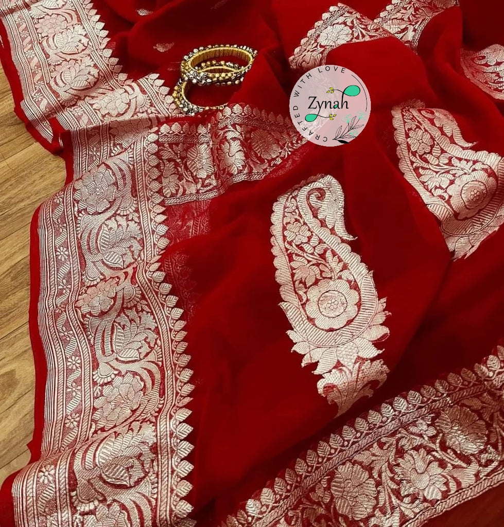 Zynah Pure Banarasi Handloom Khaddi Georgette Saree with Zari Border & Butis; Custom Stitched/Ready-made Blouse, Fall, Petticoat; Shipping available USA, Worldwide