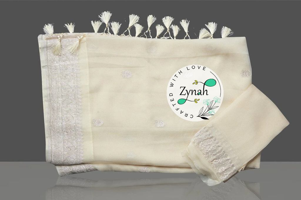 Zynah Pure Banarasi Handloom Khaddi Georgette Saree with Zari Border & Butis; Custom Stitched/Ready-made Blouse, Fall, Petticoat; Shipping available USA, Worldwide