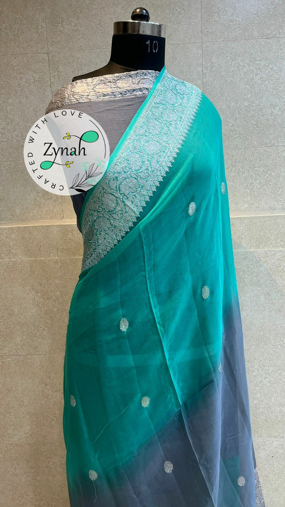 Zynah Pure Banarasi Handloom Khaddi Georgette Double-shaded Saree with Zari Weave; Custom Stitched/Ready-made Blouse, Fall, Petticoat; Shipping available USA, Worldwide