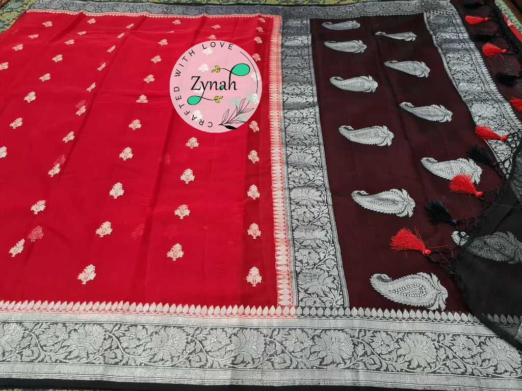 Zynah Pure Banarasi Handloom Khaddi Georgette Saree with Zari Weave; Custom Stitched/Ready-made Blouse, Fall, Petticoat; Shipping available USA, Worldwide