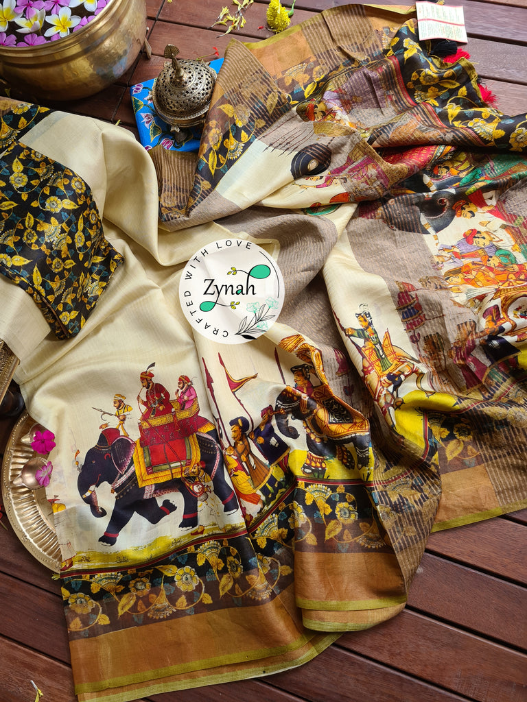 Zynah Pure Tussar Silk Saree with Digital Kalamkari Prints; Custom Stitched/Ready-made Blouse, Fall, Petticoat; Shipping available USA, Worldwide