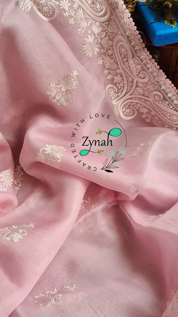 Zynah Pure Organza Silk Saree with Thread Embroidery & Crochet lace Border; Custom Stitched/Ready-made Blouse, Fall, Petticoat; Shipping available USA, Worldwide