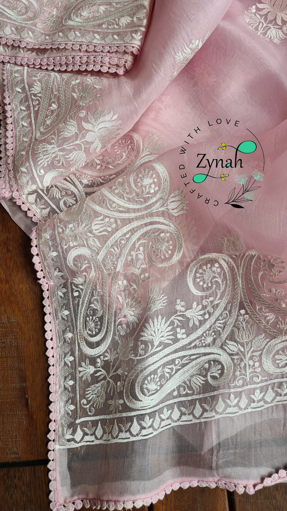 Zynah Pure Organza Silk Saree with Thread Embroidery & Crochet lace Border; Custom Stitched/Ready-made Blouse, Fall, Petticoat; Shipping available USA, Worldwide
