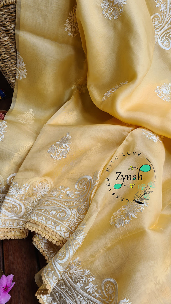 Zynah Pure Organza Silk Saree with Thread Embroidery & Crochet lace Border; Custom Stitched/Ready-made Blouse, Fall, Petticoat; Shipping available USA, Worldwide