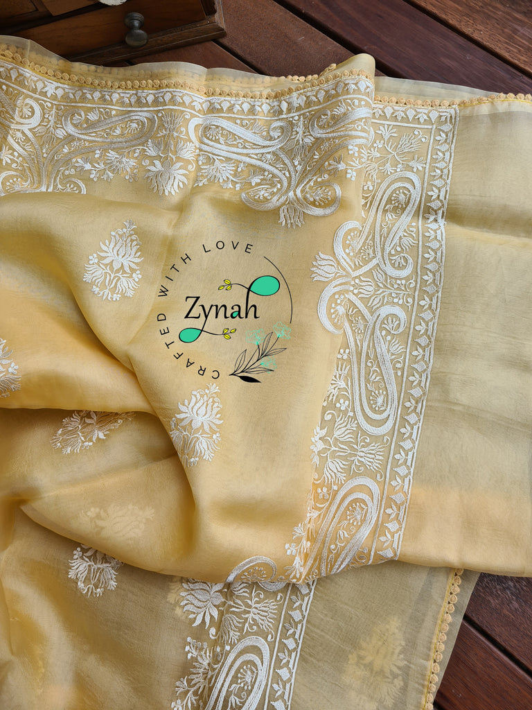 Zynah Pure Organza Silk Saree with Thread Embroidery & Crochet lace Border; Custom Stitched/Ready-made Blouse, Fall, Petticoat; Shipping available USA, Worldwide