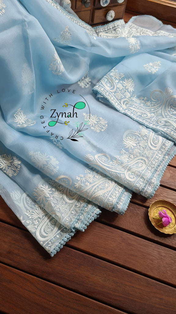 Zynah Pure Organza Silk Saree with Thread Embroidery & Crochet lace Border; Custom Stitched/Ready-made Blouse, Fall, Petticoat; Shipping available USA, Worldwide