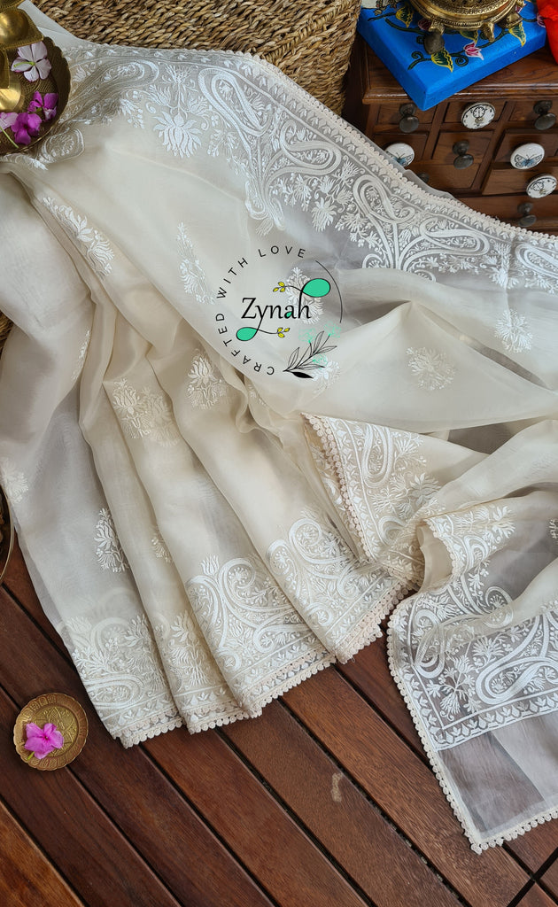 Zynah Pure Organza Silk Saree with Thread Embroidery & Crochet lace Border; Custom Stitched/Ready-made Blouse, Fall, Petticoat; Shipping available USA, Worldwide