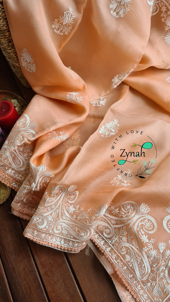 Zynah Pure Organza Silk Saree with Thread Embroidery & Crochet lace Border; Custom Stitched/Ready-made Blouse, Fall, Petticoat; Shipping available USA, Worldwide