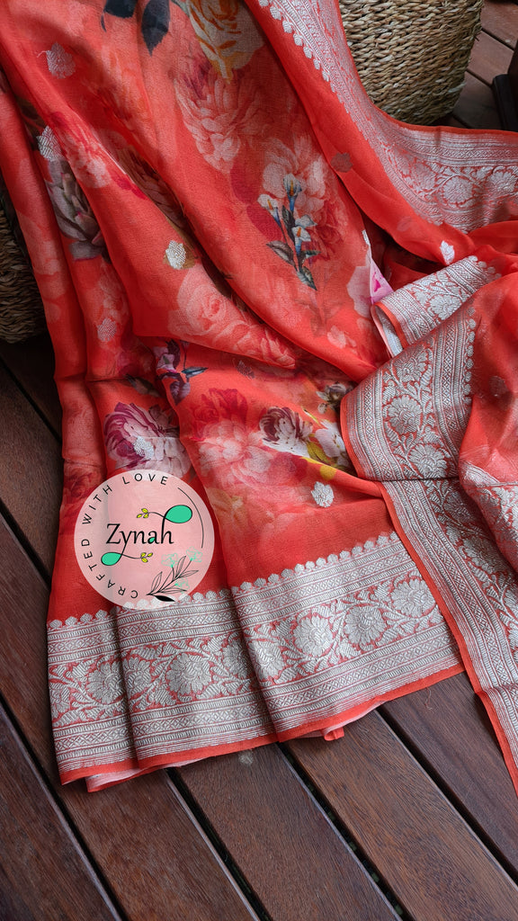 Zynah Pure Khaddi Chiffon Saree with Floral Prints & Silver Zari Weave; Custom Stitched/Ready-made Blouse, Fall, Petticoat; Shipping available USA, Worldwide