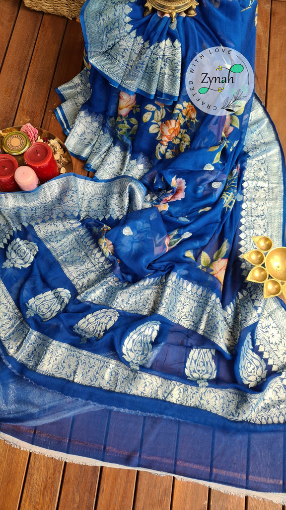 Zynah Pure Khaddi Chiffon Saree with Floral Prints & Silver Zari Weave; Custom Stitched/Ready-made Blouse, Fall, Petticoat; Shipping available USA, Worldwide