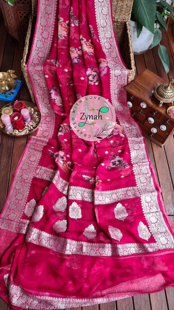 Zynah Pure Khaddi Chiffon Saree with Floral Prints & Silver Zari Weave; Custom Stitched/Ready-made Blouse, Fall, Petticoat; Shipping available USA, Worldwide