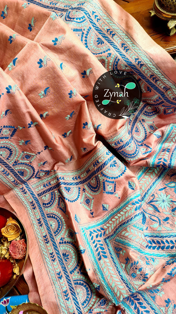 Zynah Pure Tussar Silk Kantha Saree; Custom Stitched/Ready-made Blouse, Fall, Petticoat; Shipping available USA, Worldwide