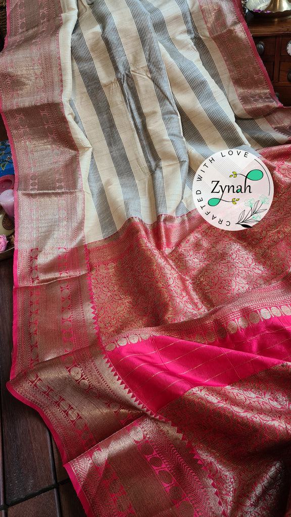 Zynah Pure Tussar Banarasi Silk Saree with Antique Zari; Custom Stitched/Ready-made Blouse, Fall, Petticoat; Shipping available USA, Worldwide
