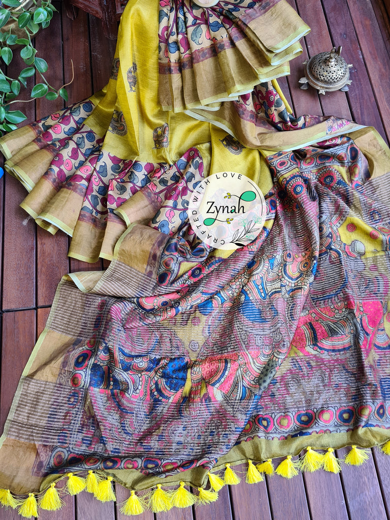 Zynah Pure Tussar Silk Saree with Digital Kalamkari Prints; Custom Stitched/Ready-made Blouse, Fall, Petticoat; Shipping available USA, Worldwide