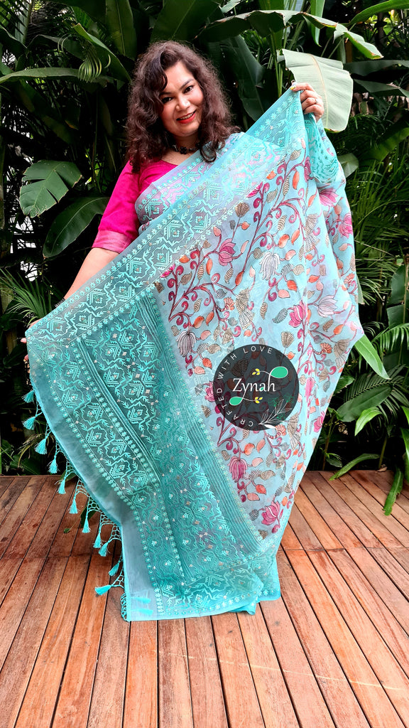 Zynah Pure Organza Silk Kalamkari Saree with Dhakai Jamdhani Thread Embroidery; Custom Stitched/Ready-made Blouse, Fall, Petticoat; Shipping available USA, Worldwide