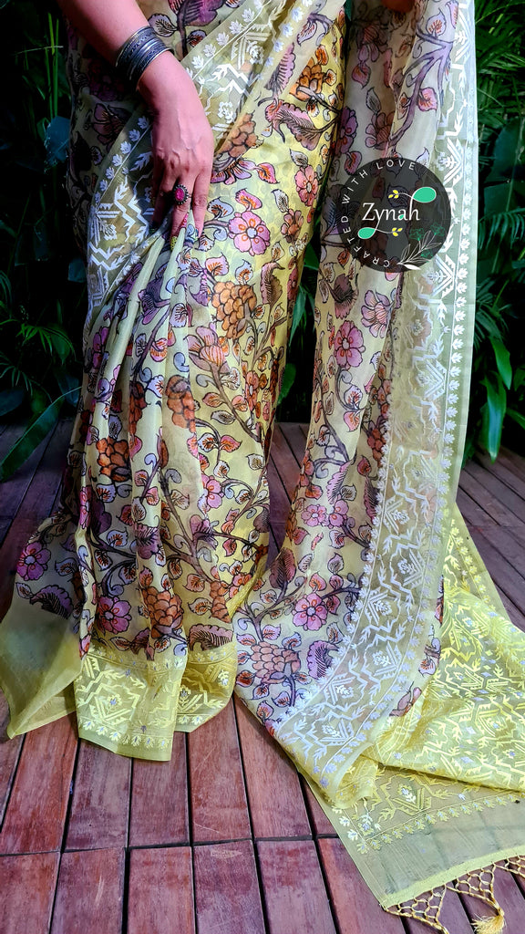 Zynah Pure Organza Silk Kalamkari Saree with Dhakai Jamdhani Thread Embroidery; Custom Stitched/Ready-made Blouse, Fall, Petticoat; Shipping available USA, Worldwide
