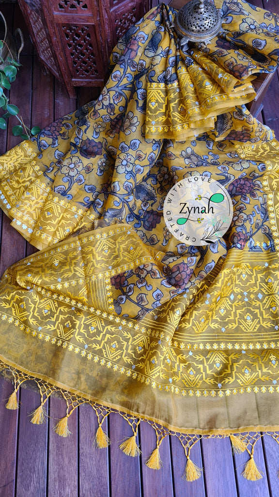 Zynah Pure Organza Silk Kalamkari Saree with Dhakai Jamdhani Thread Embroidery; Custom Stitched/Ready-made Blouse, Fall, Petticoat; Shipping available USA, Worldwide