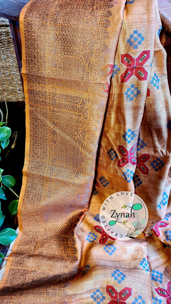 Zynah Pure Tussar Silk Banarasi Patan Patola inspired Saree with Antique zari weave; Custom Stitched/Ready-made Blouse, Fall, Petticoat; Shipping available USA, Worldwide