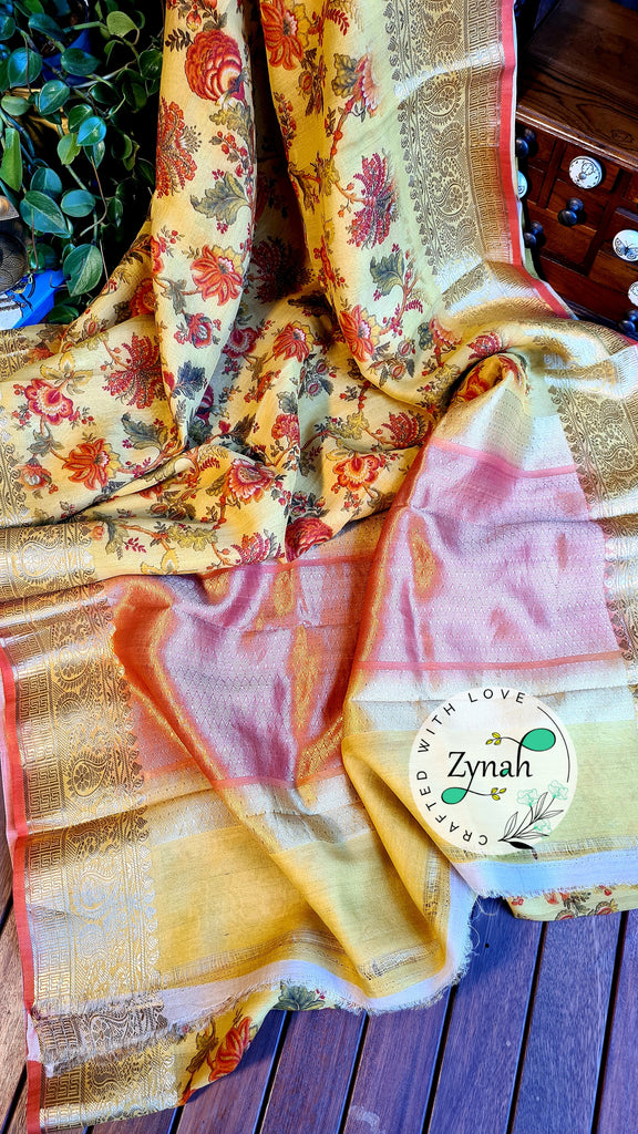 Zynah Pure Tussar Banarasi Silk Saree; Custom Stitched/Ready-made Blouse, Fall, Petticoat; Shipping available USA, Worldwide