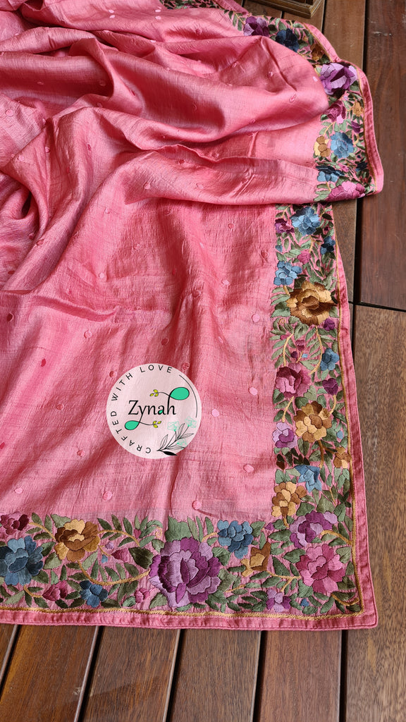 Zynah Made to Order Pure Tussar Silk Parsi Gara Handcrafted Saree; Custom Stitched/Ready-made Blouse, Fall, Petticoat; Shipping available USA, Worldwide