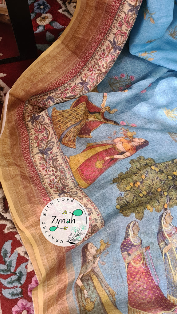 Zynah Organic Pure Linen by Linen(120c) Saree with Digital Kalamkari Prints; Custom Stitched/Ready-made Blouse, Fall, Petticoat; Shipping available USA, Worldwide