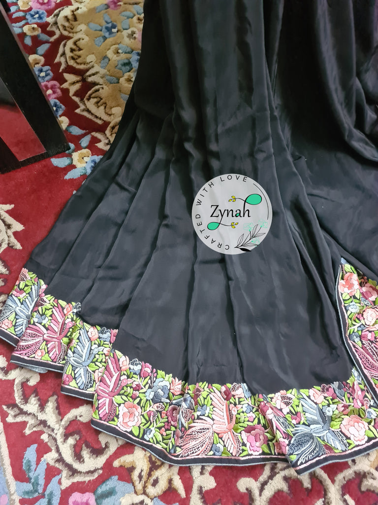Zynah Made to Order Black Pure Crepe Silk Parsi Gara Handcrafted Saree; Custom Stitched/Ready-made Blouse, Fall, Petticoat; Shipping available USA, Worldwide