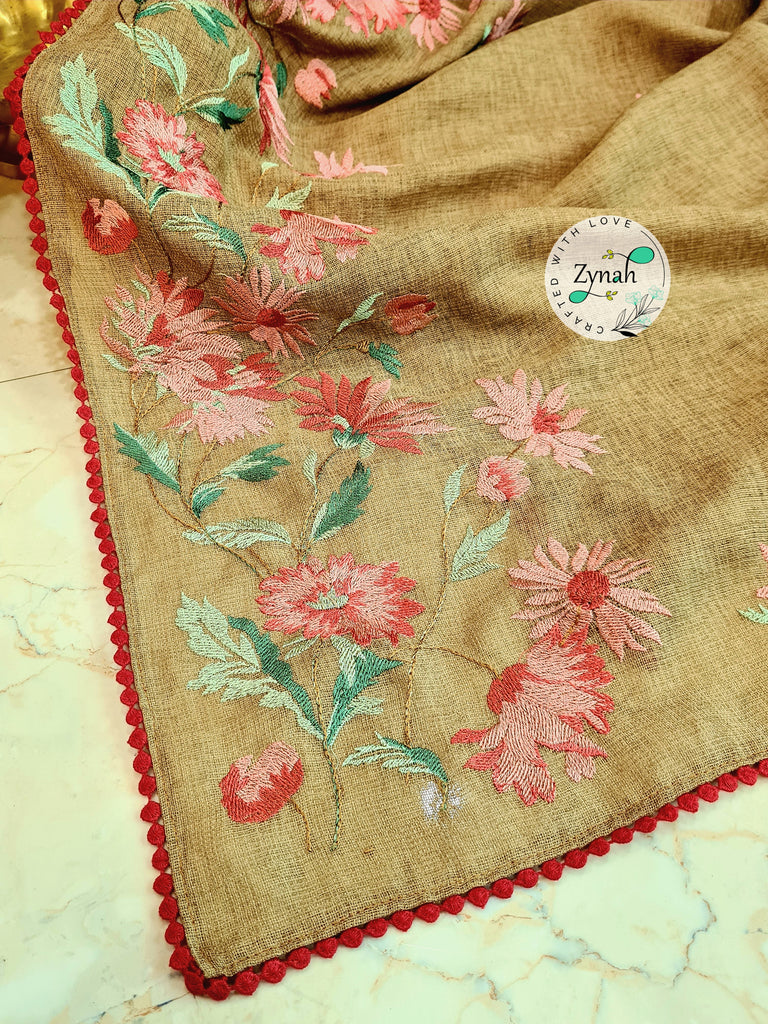 Zynah Pure Jute Muslin Embroidery Saree with Crochet lace; Custom Stitched/Ready-made Blouse, Fall, Petticoat; Shipping available USA, Worldwide