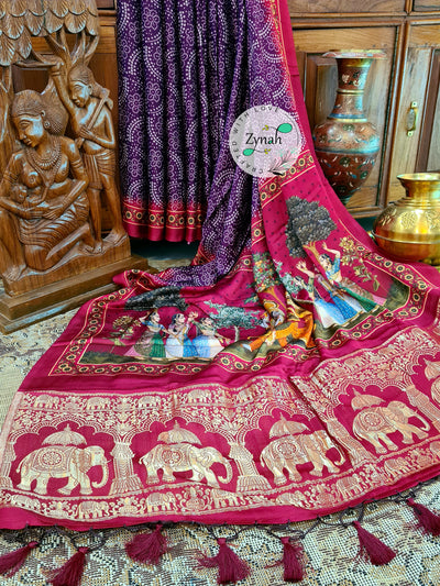 Zynah Pure Gajji Silk Saree with Bandhani & Pichwai Prints, Amdavadi Pallu; Custom Stitched/Ready-made Blouse, Fall, Petticoat; Shipping available USA, Worldwide