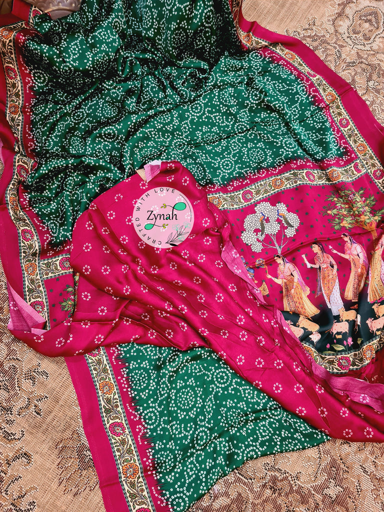 Zynah Pure Gajji Silk Saree with Bandhani & Pichwai Prints, Amdavadi Pallu; Custom Stitched/Ready-made Blouse, Fall, Petticoat; Shipping available USA, Worldwide