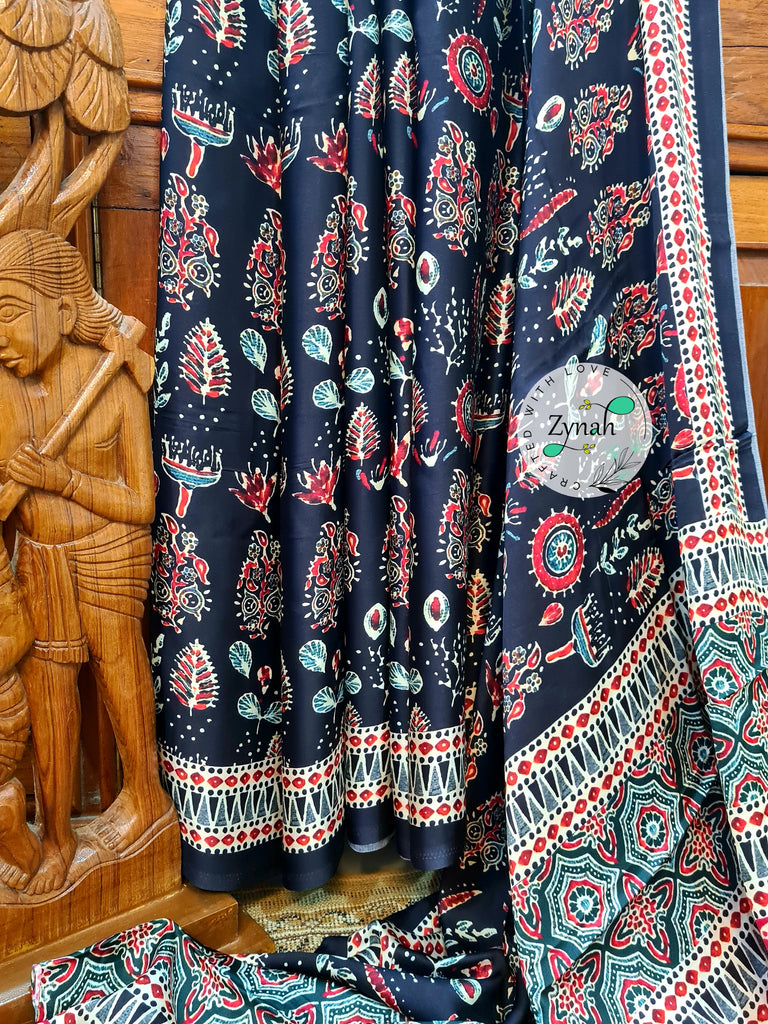 Zynah Pure Gajji Silk Ajrakh Saree with tissue zari pallu & Handblock Printed; Custom Stitched/Ready-made Blouse, Fall, Petticoat; Shipping available USA, Worldwide