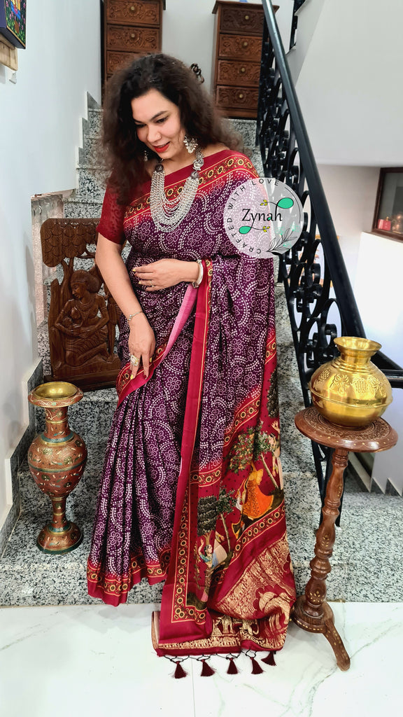 Zynah Pure Gajji Silk Saree with Bandhani & Pichwai Prints, Amdavadi Pallu; Custom Stitched/Ready-made Blouse, Fall, Petticoat; Shipping available USA, Worldwide