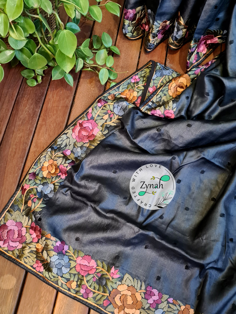 Zynah Made to Order Pure Tussar Silk Parsi Gara Handcrafted Saree; Custom Stitched/Ready-made Blouse, Fall, Petticoat; Shipping available USA, Worldwide