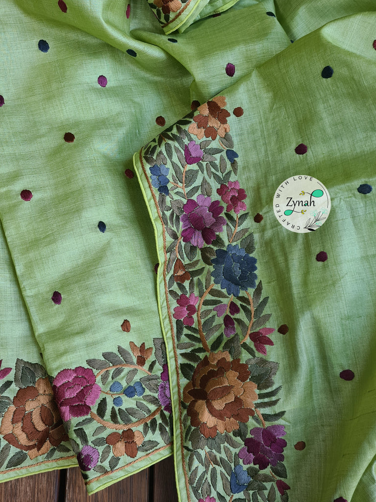 Zynah Pure Tussar Silk Parsi Gara Handcrafted Saree; Custom Stitched/Ready-made Blouse, Fall, Petticoat; Shipping available USA, Worldwide