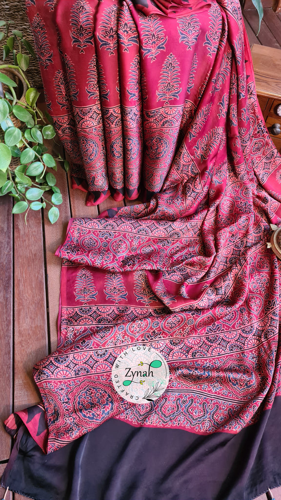 Zynah Pure Modal Silk Ajrakh Saree with Handblock Prints; Custom Stitched/Ready-made Blouse, Fall, Petticoat; Shipping available USA, Worldwide