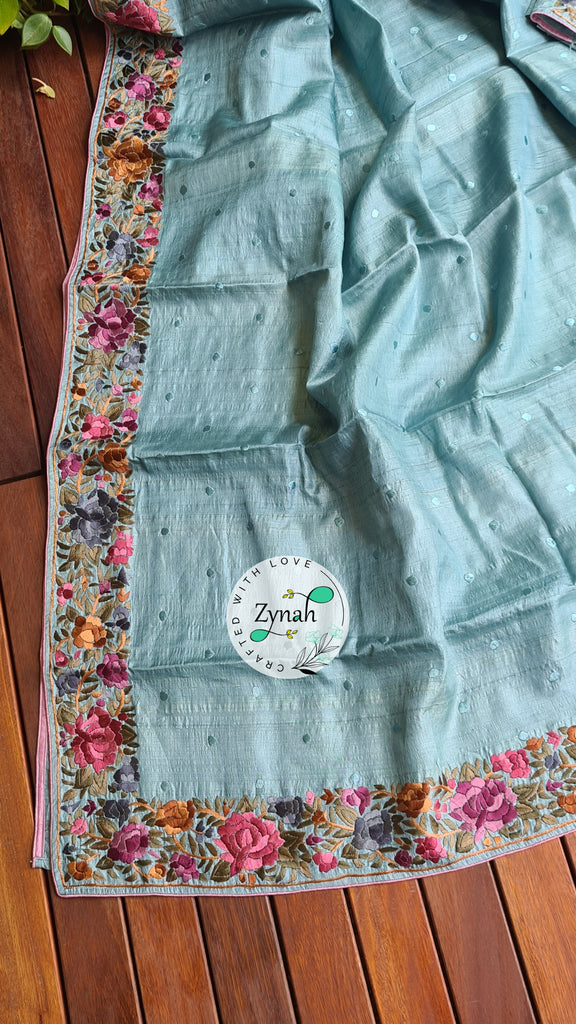 Zynah Made to Order Pure Tussar Silk Parsi Gara Handcrafted Saree; Custom Stitched/Ready-made Blouse, Fall, Petticoat; Shipping available USA, Worldwide