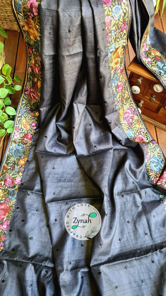 Zynah Made to Order Pure Tussar Silk Parsi Gara Handcrafted Saree; Custom Stitched/Ready-made Blouse, Fall, Petticoat; Shipping available USA, Worldwide