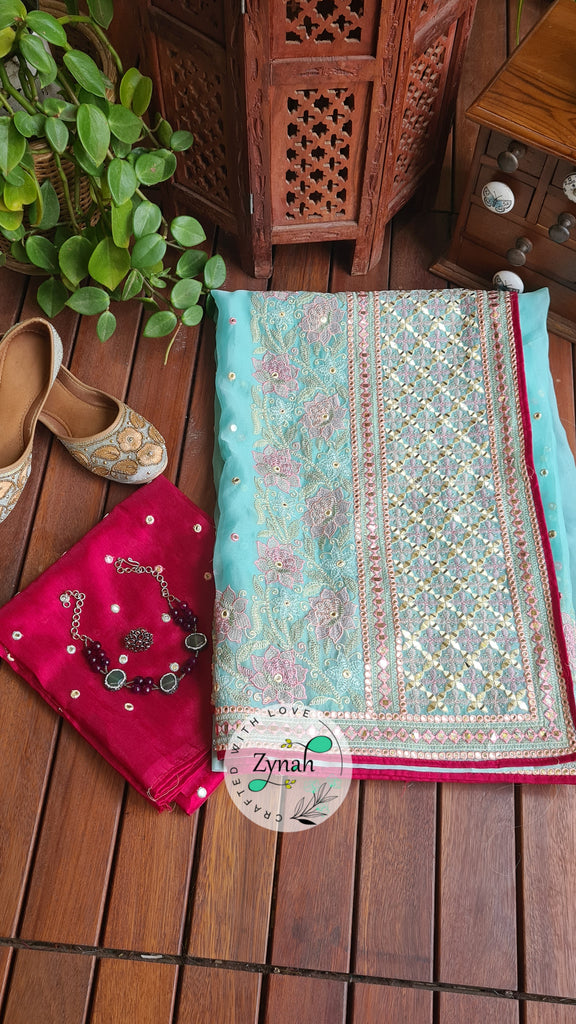 Zynah Pure Organza Silk Saree with Foil Mirror Work & Thread Embroidery; Custom Stitched/Ready-made Blouse, Fall, Petticoat; Shipping available USA, Worldwide
