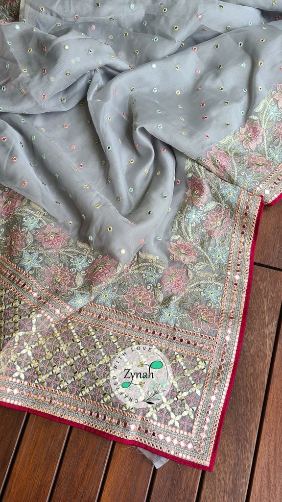 Zynah Pure Organza Silk Saree with Foil Mirror Work & Thread Embroidery; Custom Stitched/Ready-made Blouse, Fall, Petticoat; Shipping available USA, Worldwide