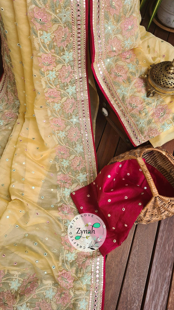 Zynah Pure Organza Silk Saree with Foil Mirror Work & Thread Embroidery; Custom Stitched/Ready-made Blouse, Fall, Petticoat; Shipping available USA, Worldwide