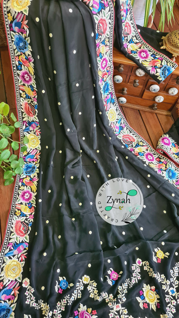 Zynah Pure Crepe Silk Parsi Gara Handcrafted Saree; Custom Stitched/Ready-made Blouse, Fall, Petticoat; Shipping available USA, Worldwide