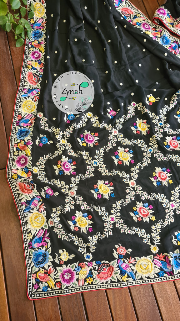 Zynah Pure Crepe Silk Parsi Gara Handcrafted Saree; Custom Stitched/Ready-made Blouse, Fall, Petticoat; Shipping available USA, Worldwide