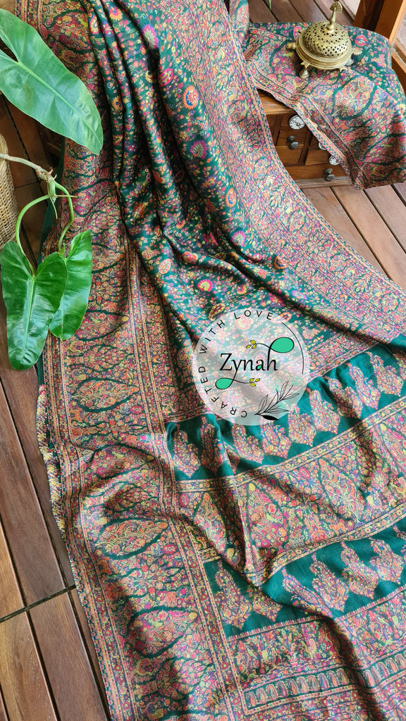 Zynah Green Kashmiri Pure Kani Silk Jamavar Saree | Kashmiri Traditional Pashmina Pure Silk Kani Saree; Custom Stitched/Ready-made Blouse, Fall, Petticoat; SKU: 0903202206