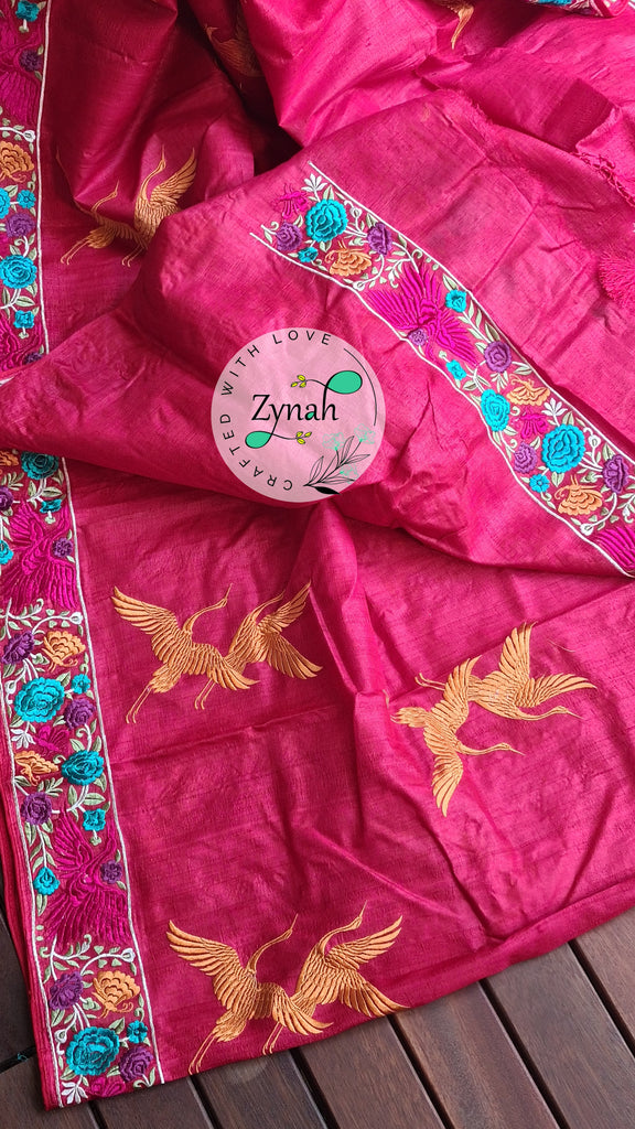Zynah Pure Tussar Silk Parsi work Inspired Saree, Flamingo Bird Motifs; Custom Stitched/Ready-made Blouse, Fall, Petticoat; Shipping available USA, Worldwide