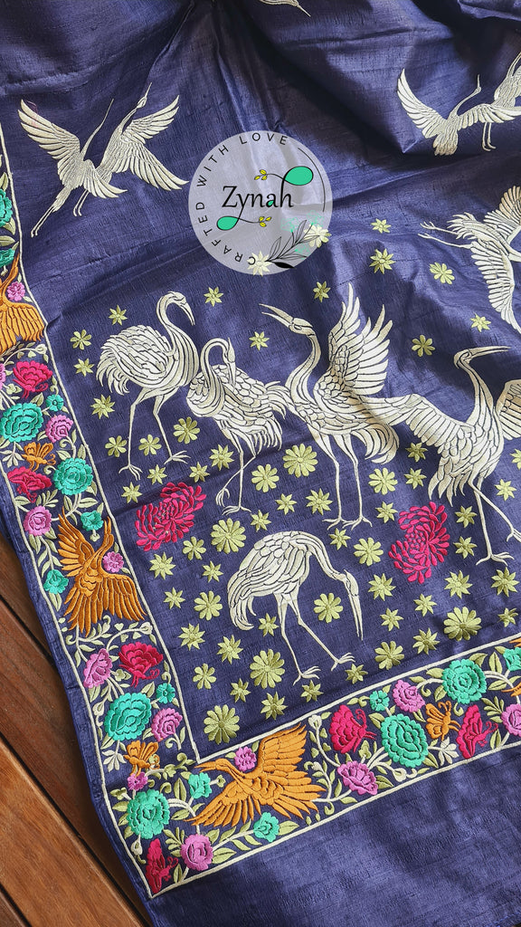 Zynah Pure Tussar Silk Parsi work Inspired Saree, Flamingo Bird Motifs; Custom Stitched/Ready-made Blouse, Fall, Petticoat; Shipping available USA, Worldwide
