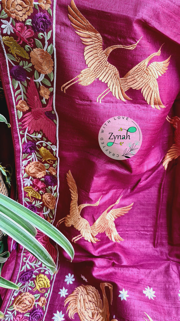 Zynah Pure Tussar Silk Parsi work Inspired Saree, Flamingo Bird Motifs; Custom Stitched/Ready-made Blouse, Fall, Petticoat; Shipping available USA, Worldwide