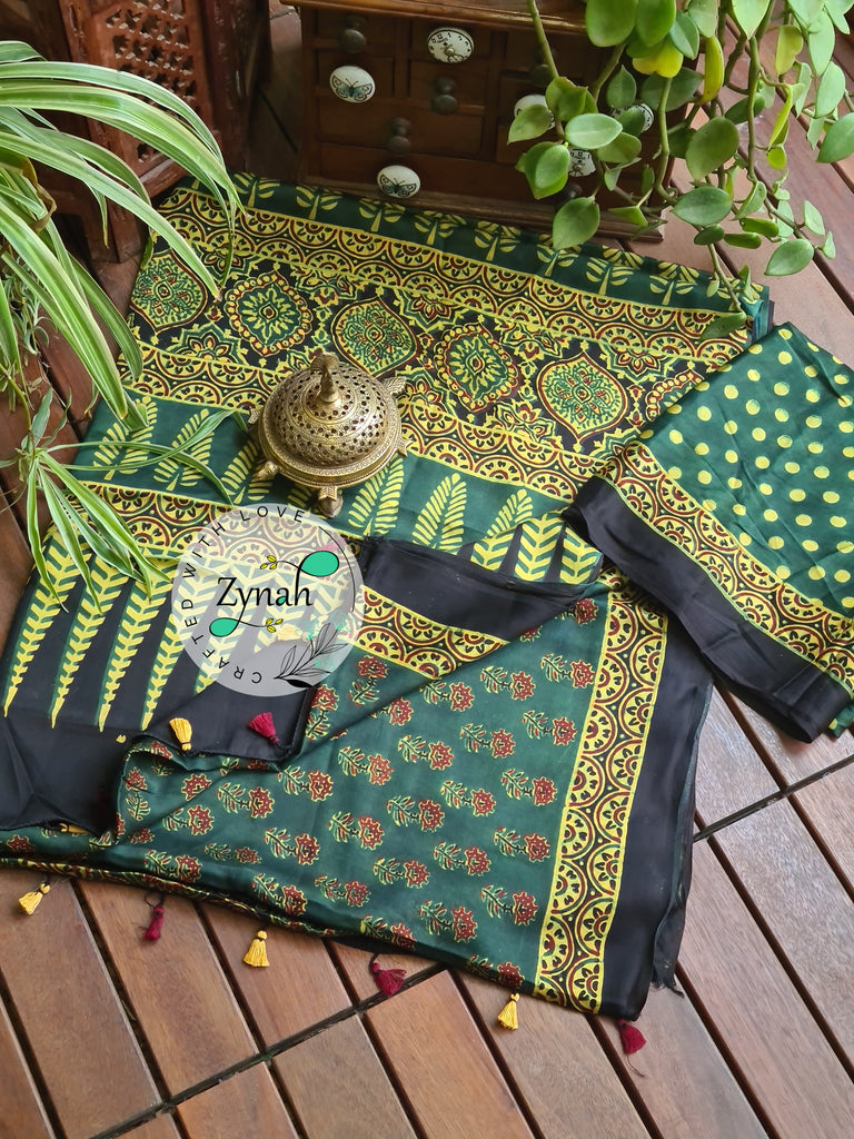 Zynah Pure Modal Silk Ajrakh Saree with Handblock Prints; Custom Stitched/Ready-made Blouse, Fall, Petticoat; Shipping available USA, Worldwide