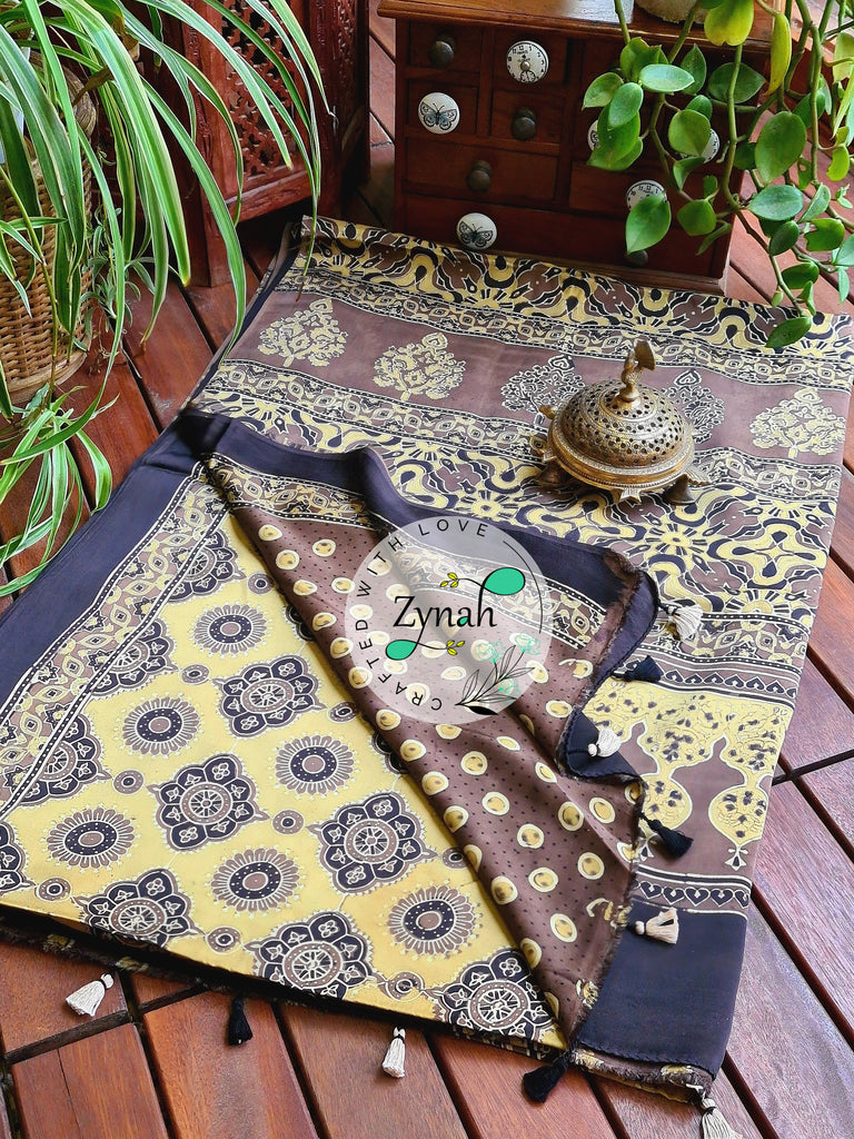 Zynah Pure Modal Silk Ajrakh Saree with Handblock Prints; Custom Stitched/Ready-made Blouse, Fall, Petticoat; Shipping available USA, Worldwide
