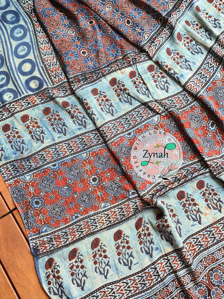 Zynah Pure Modal Silk Ajrakh Saree with Handblock Prints; Custom Stitched/Ready-made Blouse, Fall, Petticoat; Shipping available USA, Worldwide