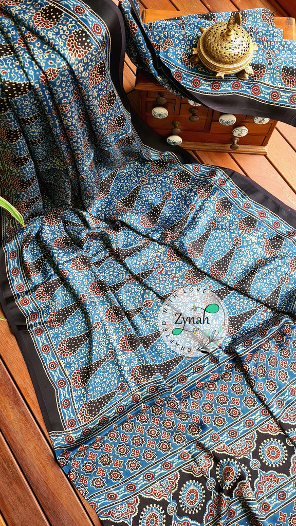 Zynah Pure Modal Silk Ajrakh Saree with Handblock Prints; Custom Stitched/Ready-made Blouse, Fall, Petticoat; Shipping available USA, Worldwide